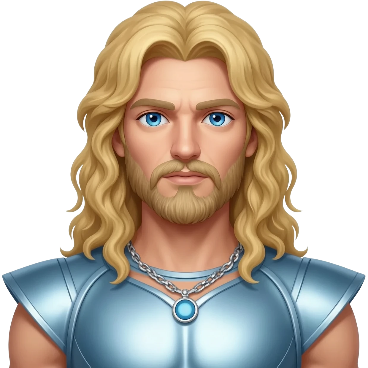 Zeus from Greek Mythology with blue eyes, long blonde hair, light steel blue metallic outfit, silver necklace emoji