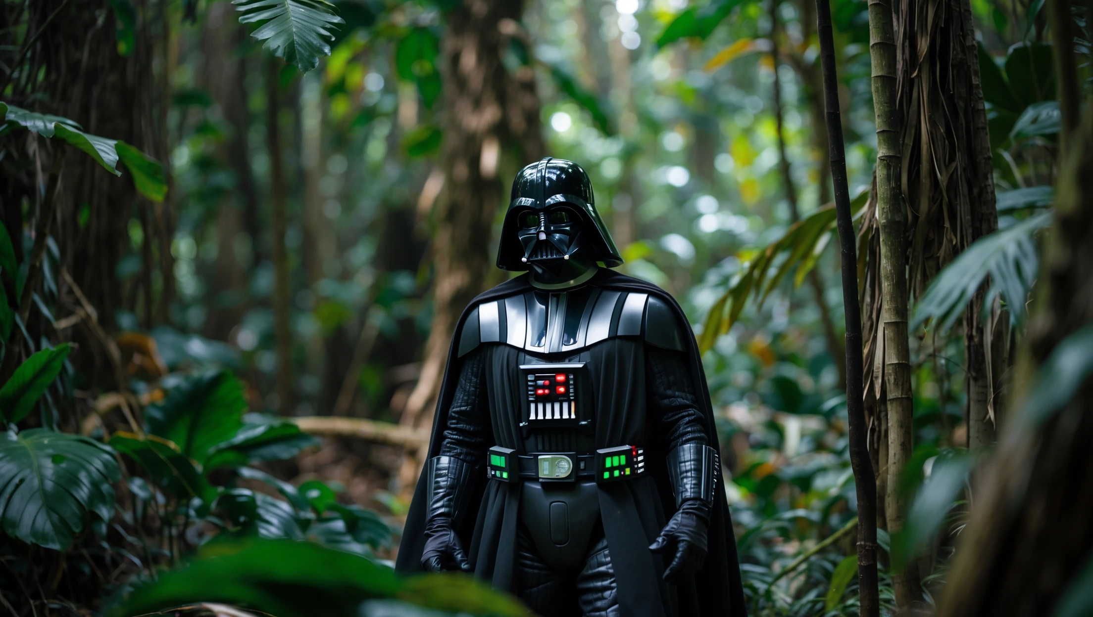 cinematic still, documentary photography, amazon jungle, well lit scene, Darth Vader is exploring the jungle, close up, front shot, rule of thirds emoji