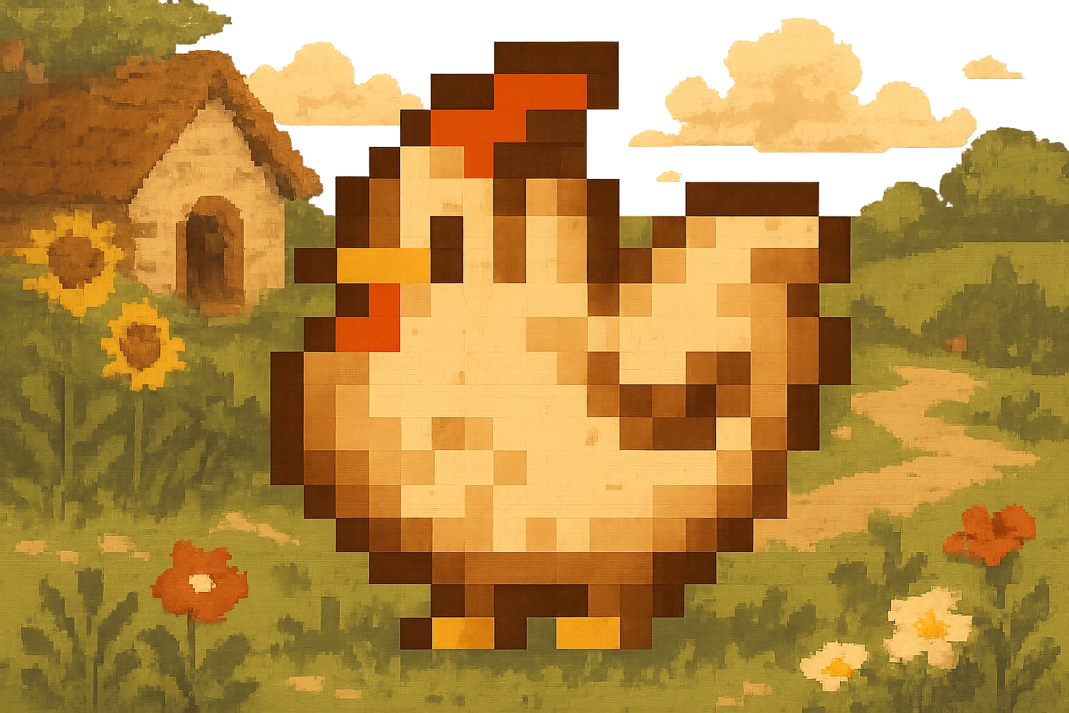 Using a transparent background, re-imagine this pixelated chicken in a cottage core setting emoji