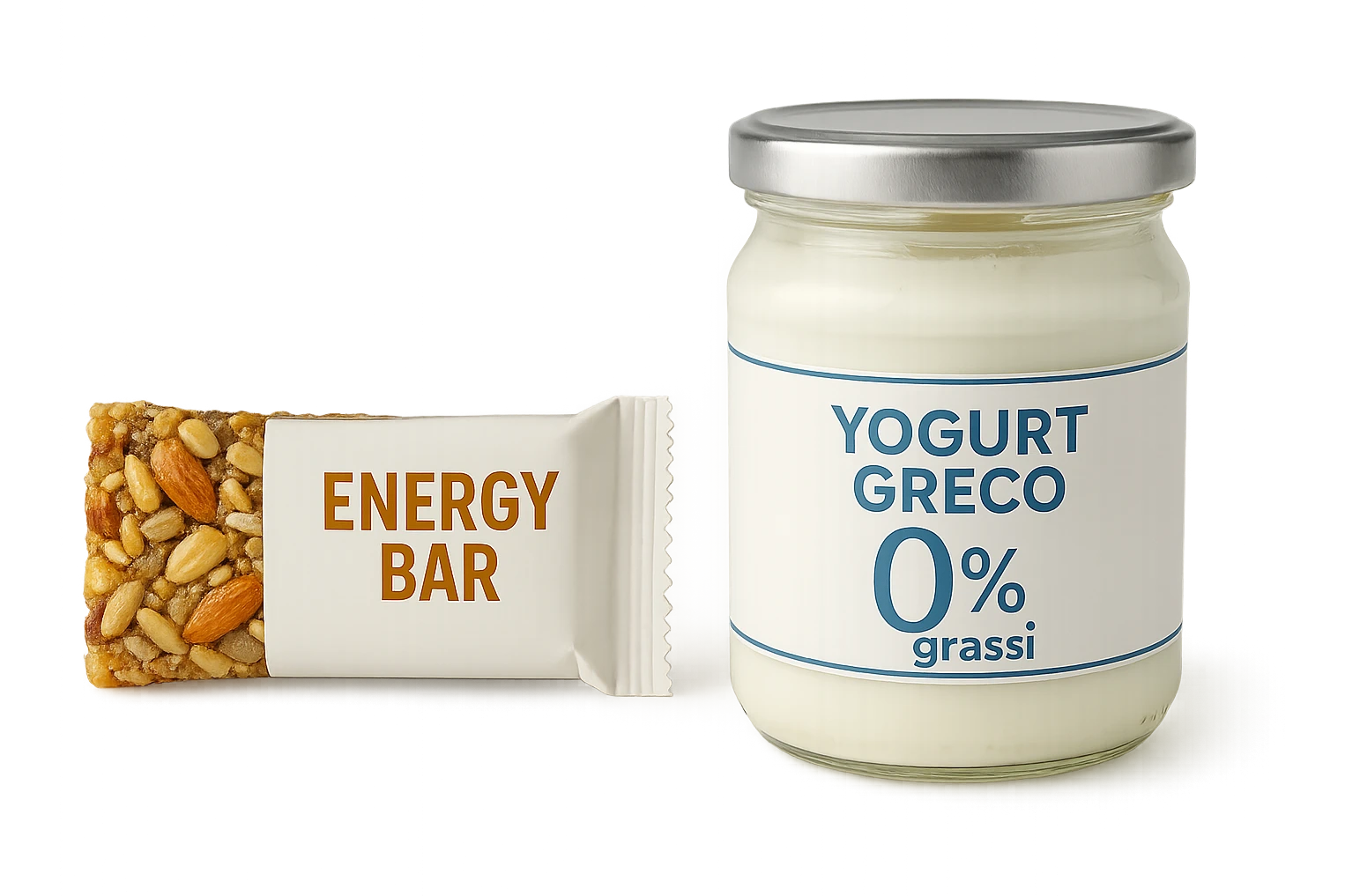 BARRETTA ENERGETICA E BARATTOLO DI YOGURT GRECO CON  LA SCRITTA "0% grassi" SULL'ETICHETTA  , ISOLATA SU SFONDO BIANCO emoji