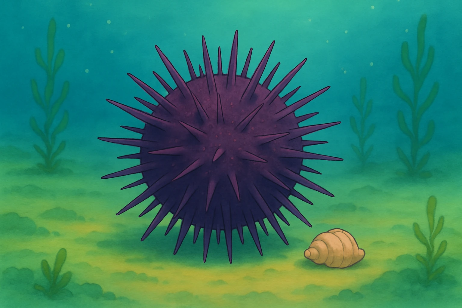 Another sea urchin in Ghibli style, underwater scene, round and spiky, with a small shell nearby, no text. emoji