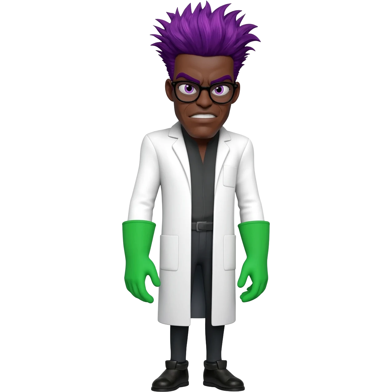 Mad evil scientist black male white cost green gloves glasses purple hair side bold on top very skinny very tall full body emoji