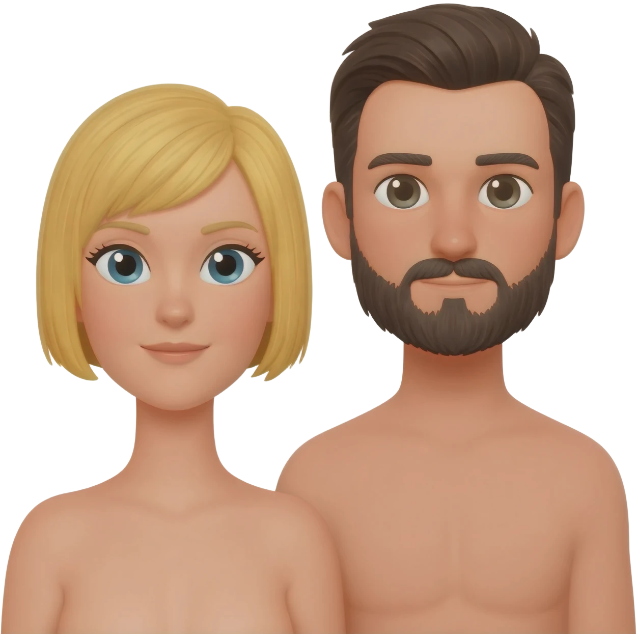 Naakt stel, zij blond bob line, hij donkerblond met snor en sik, helemaal op het plaatje emoji