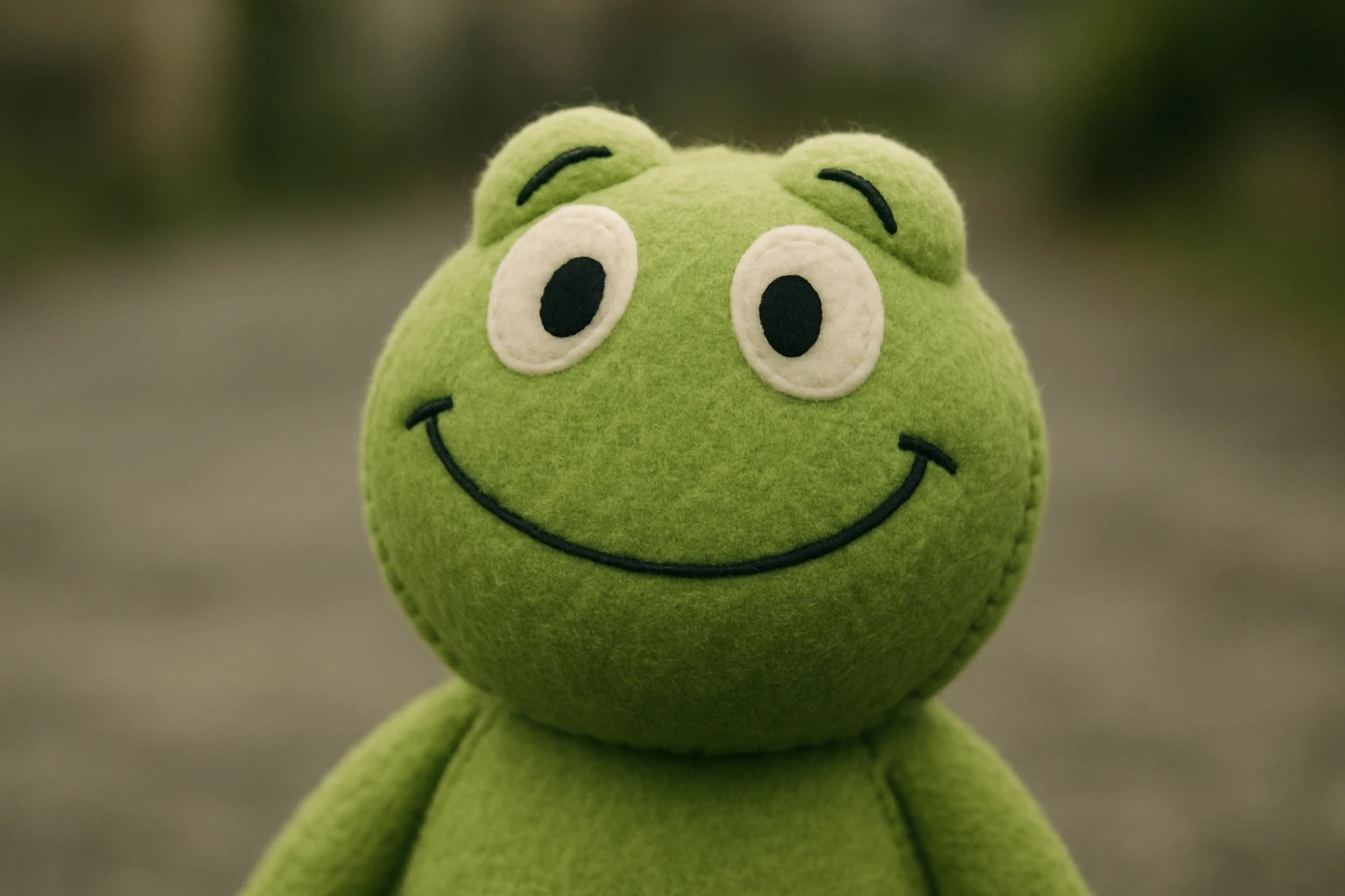 happy plushie Kermit the Frog face with emoji expression, soft and cute, plush toy style emoji