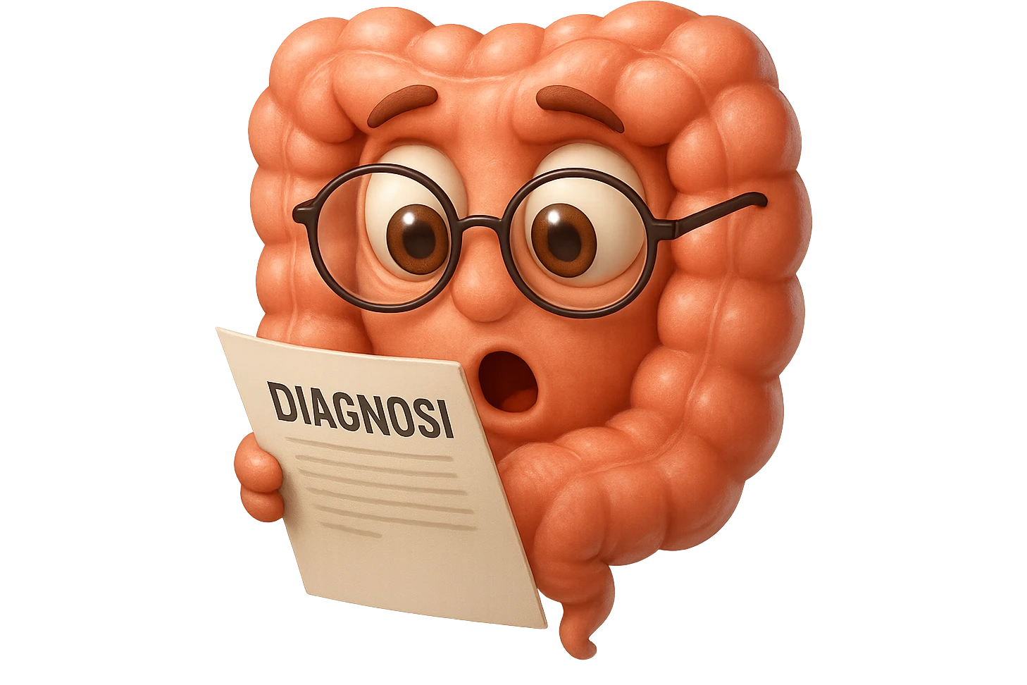 EMOJI STILE IPHONE DI UN INTESTINO CON GLI OCCHIALI CHE LEGGE UN FOGLIO CON LA SCRITTA DIAGNOSI, ESPRESSIONE STUPITA IN VOLTO, IPERREALISTICO 4K emoji