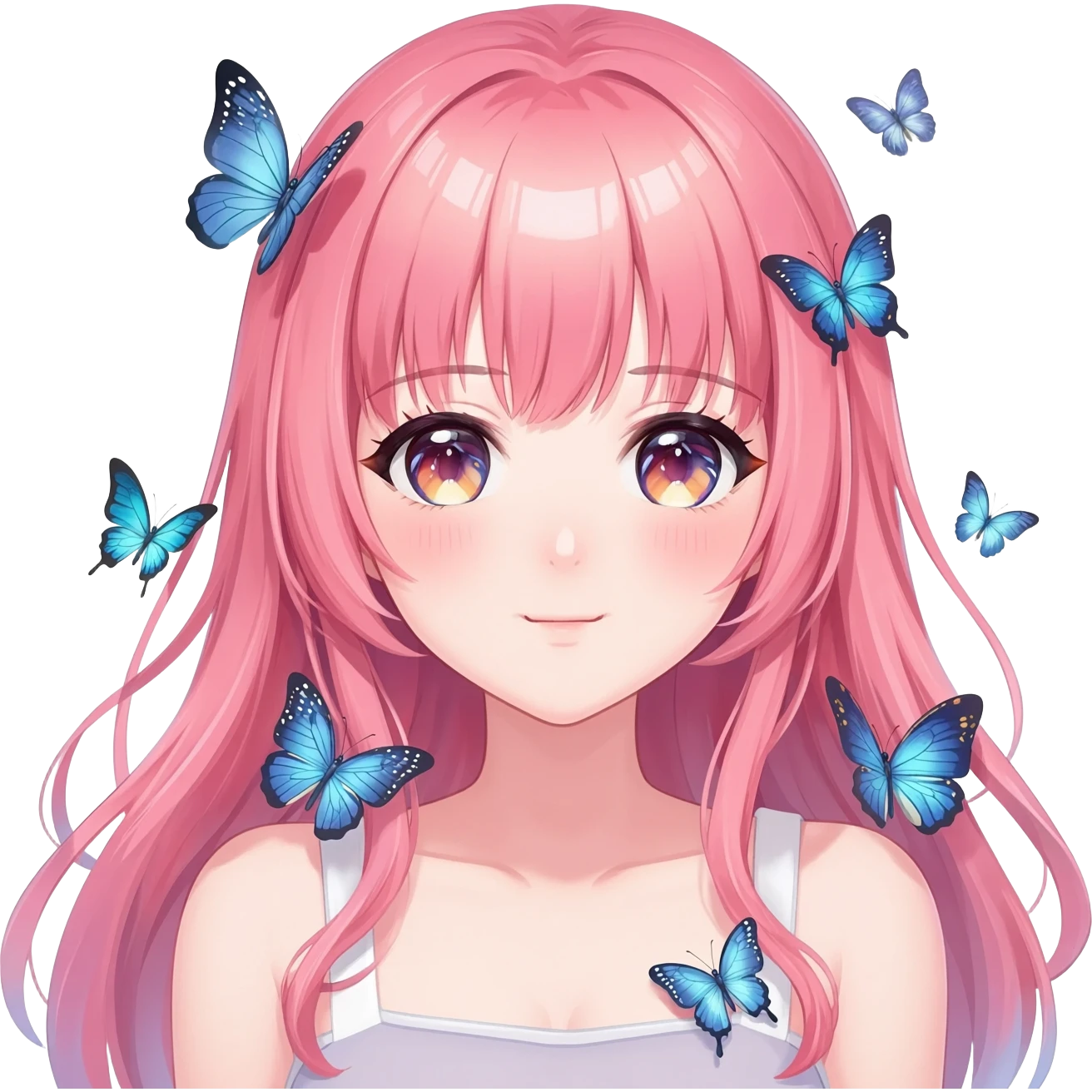 gorgeous shiny blushing anime lady with butterflies and beautiful hair fairycore high quality detailed vogue trending aesthetic emoji
