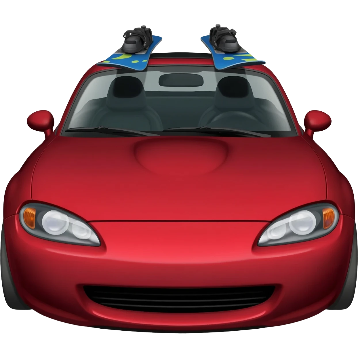 red mazda mx5 mk2 with black hadtop and skis on the roof emoji