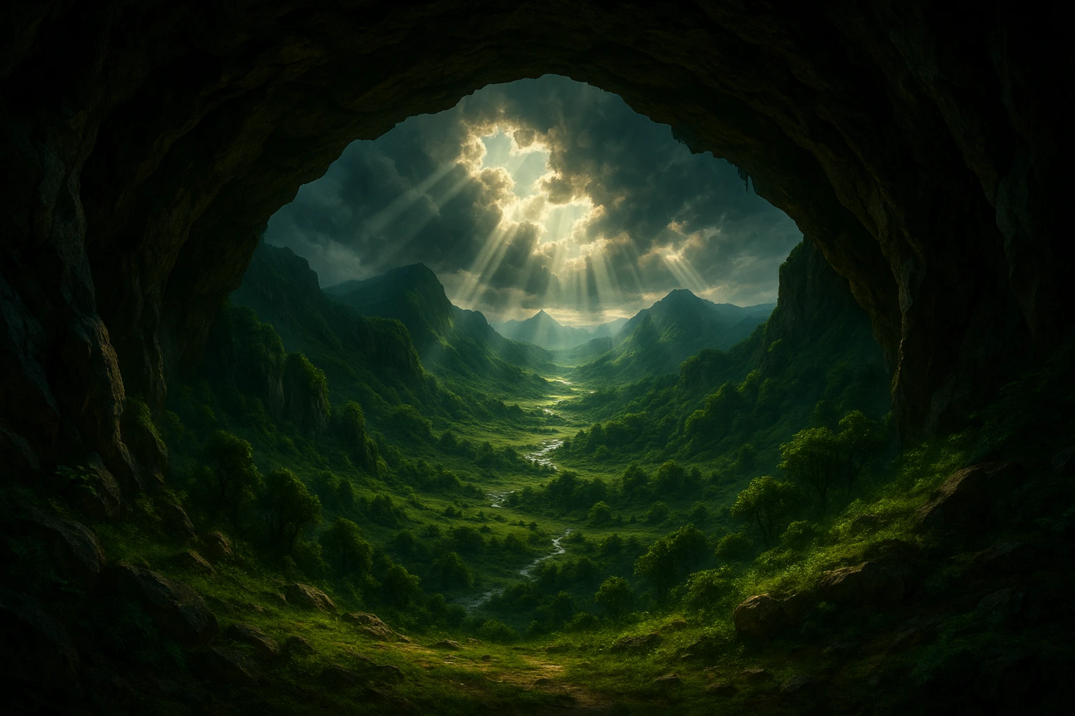 a cave mouth overlooking a lush valley, dramatic lighting, fantasy style emoji