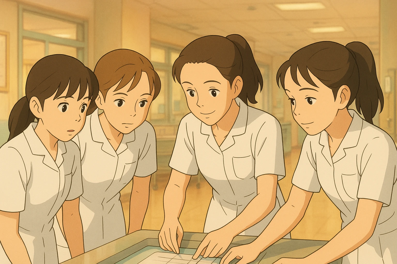 Ghibli scene of four nursing students wearing white short-sleeve uniforms with V-neck, no collar, no buttons, left chest pocket, bare arms, long hair tied back, working together, inspired by the faces from the attached photos. emoji