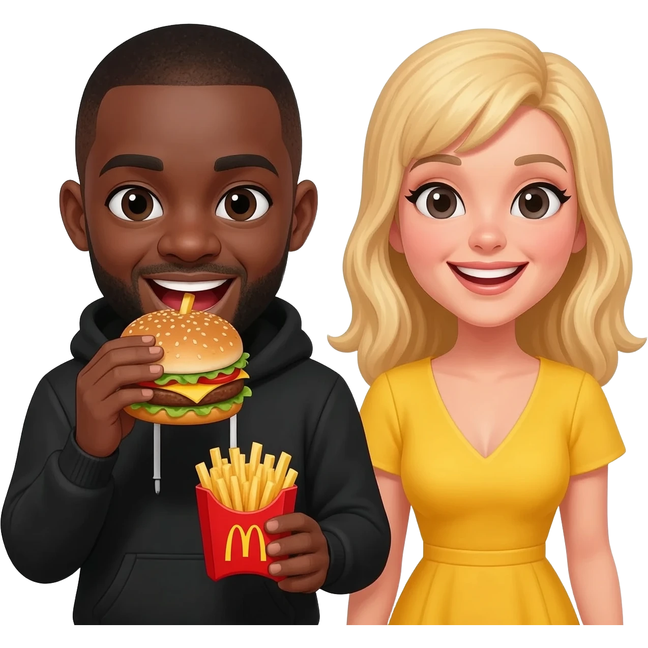 Black man with shaved head eating Mcdonalds with blonde woman emoji