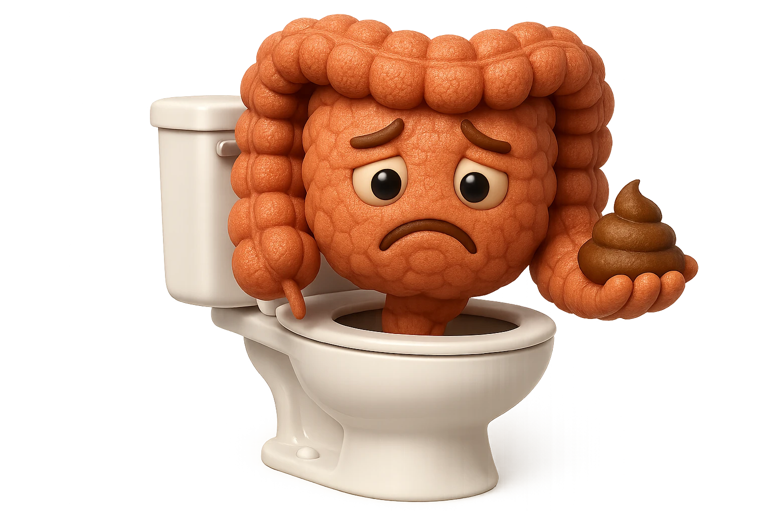 emoji stile iphone di un intestino realistico 3d che esce dal wc con in mano una montagnetta di feci con espressione triste a palline, iperrealistico 4k emoji