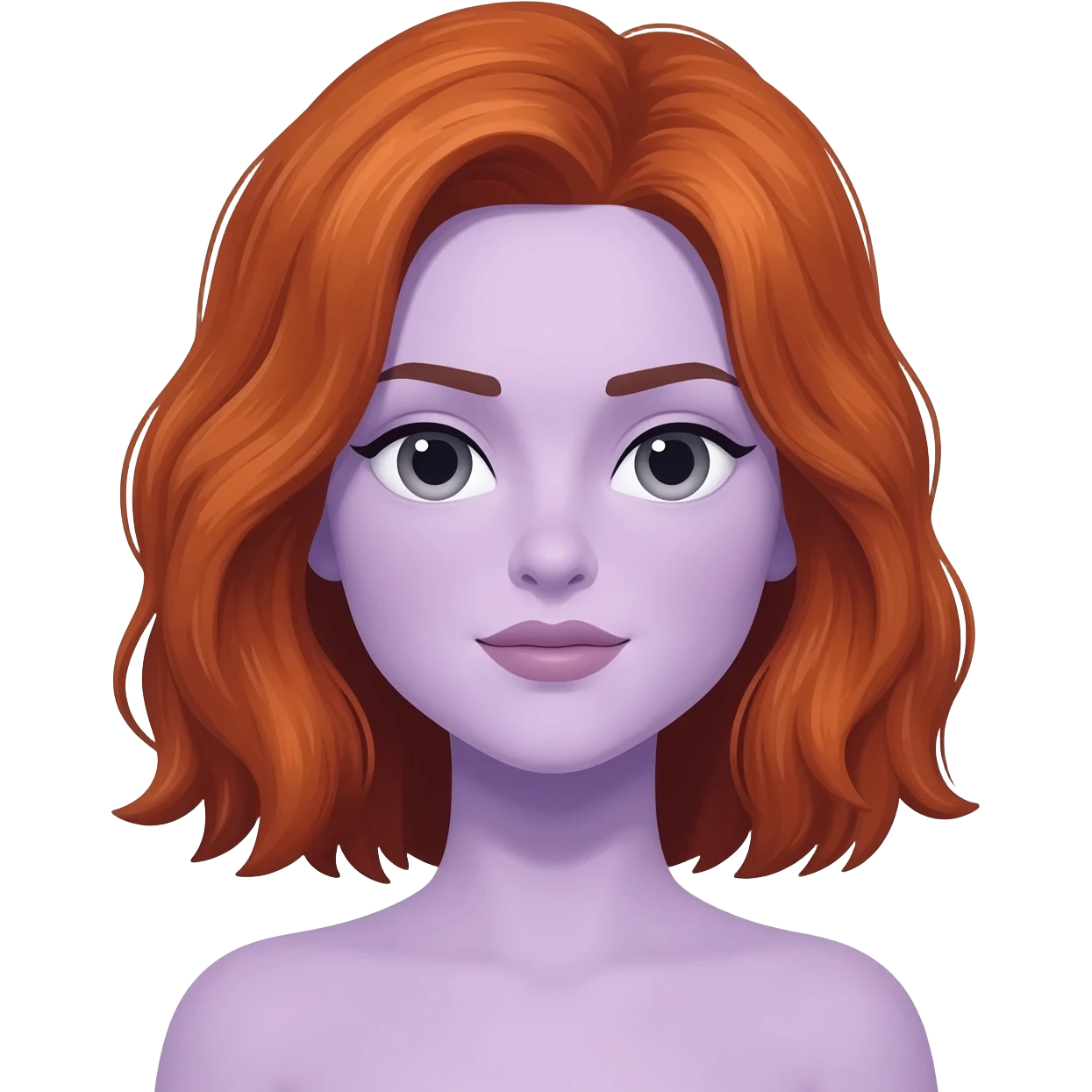 like the apple woman emoji, but with auburn hair and pale lavender skin emoji