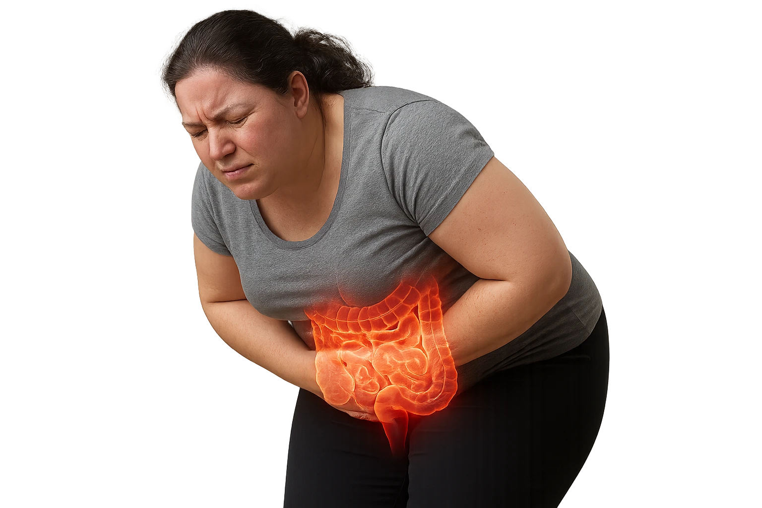DONNA LEGGERMENTE SOVRAPPESO PIEGATA IN AVANTI FRONTALMENTE CON INTESTINO ANATOMICO IN EVIDENZA, MAL DI PANCIA iperrealistico 4k emoji