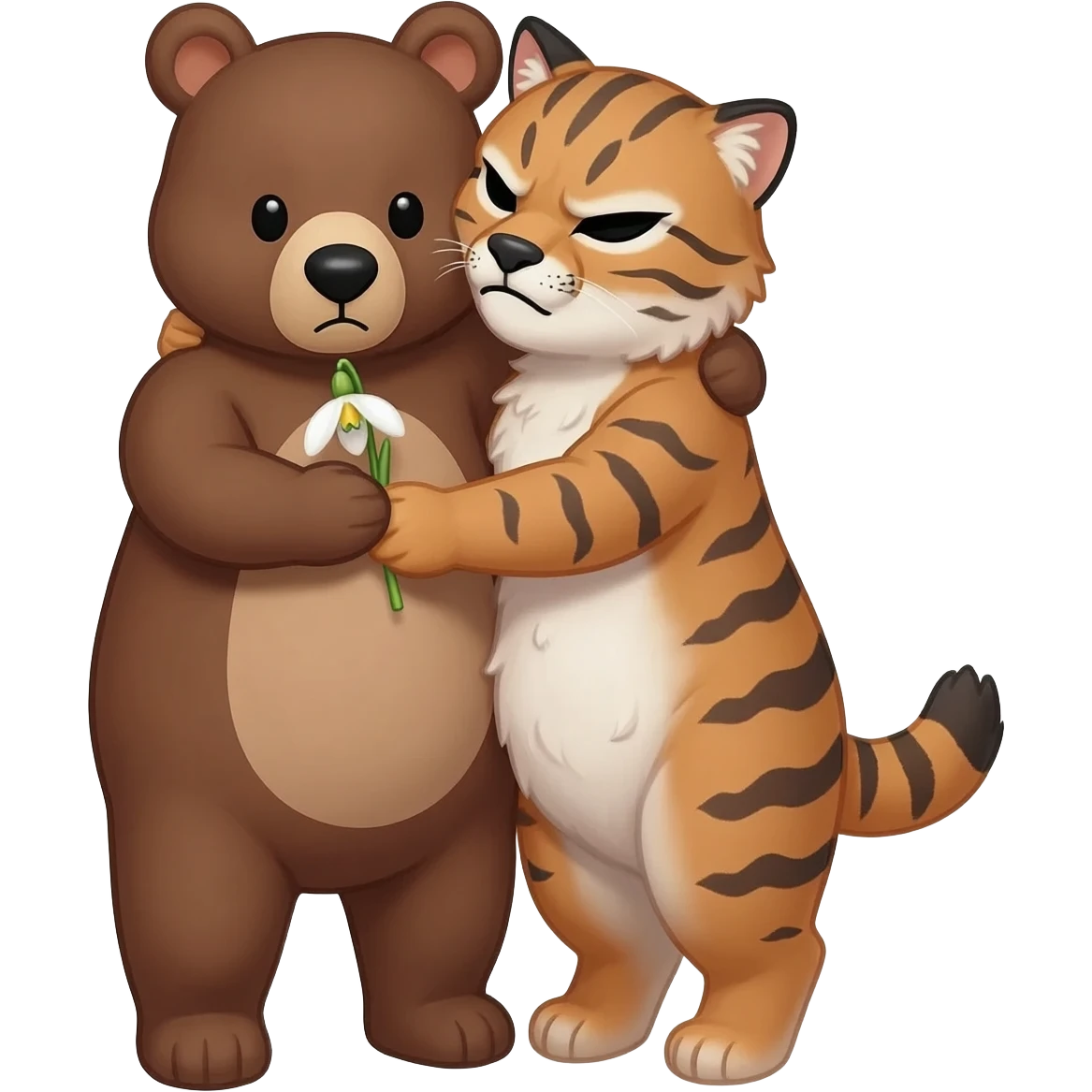 lovely bear hugs angry lynx and gives her a snowdrop flower with love emoji