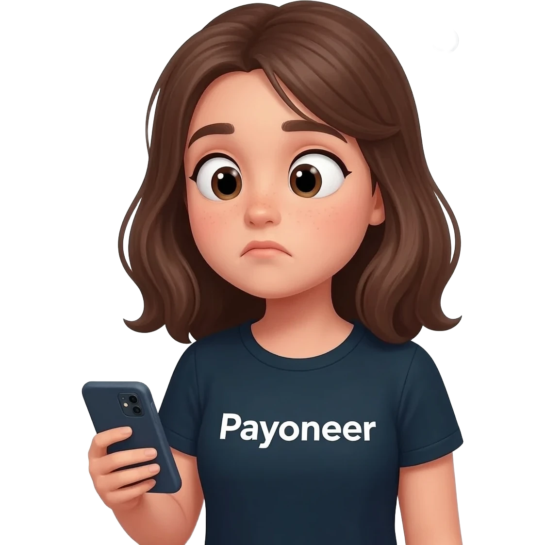 Girl looking at her phone with wondering face and a question mark wearing dark tshirt with payoneer written on it not a logo, just a word in the same font as on logo emoji