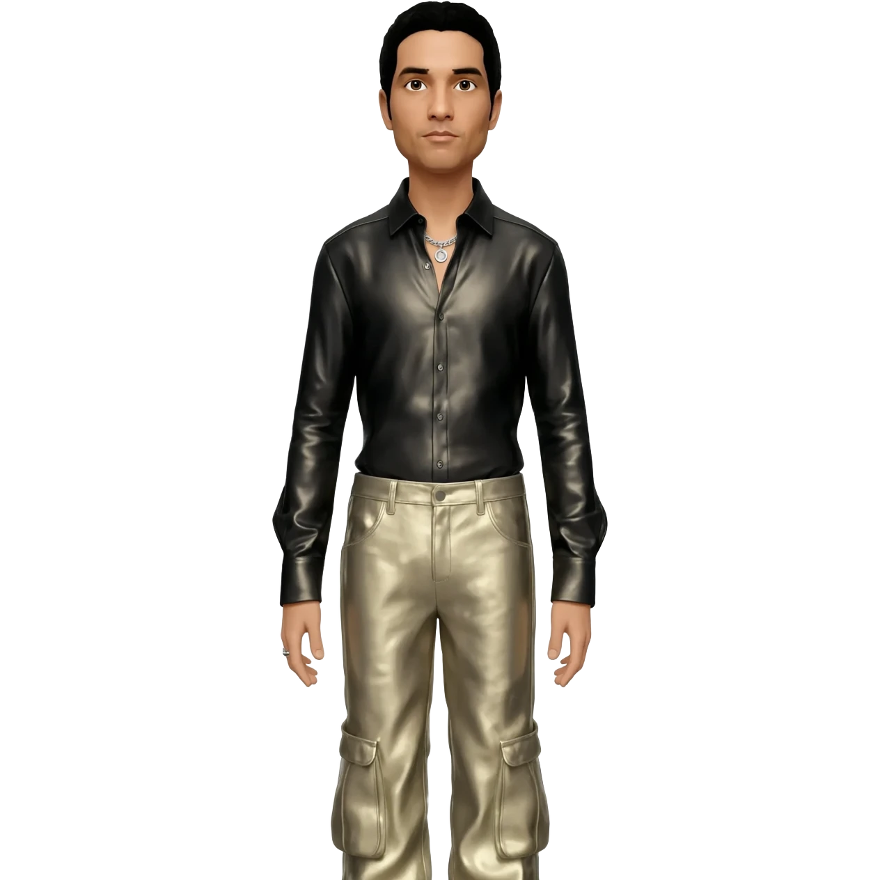 Chino Moreno with black hair, black metallic shirt, beige metallic baggy pants, silver necklace emoji