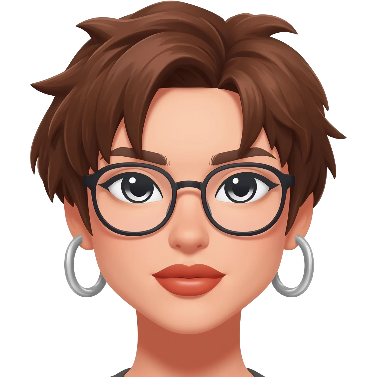 Female very very short brown hair few spikes hoop earrings glasses full lips emoji
