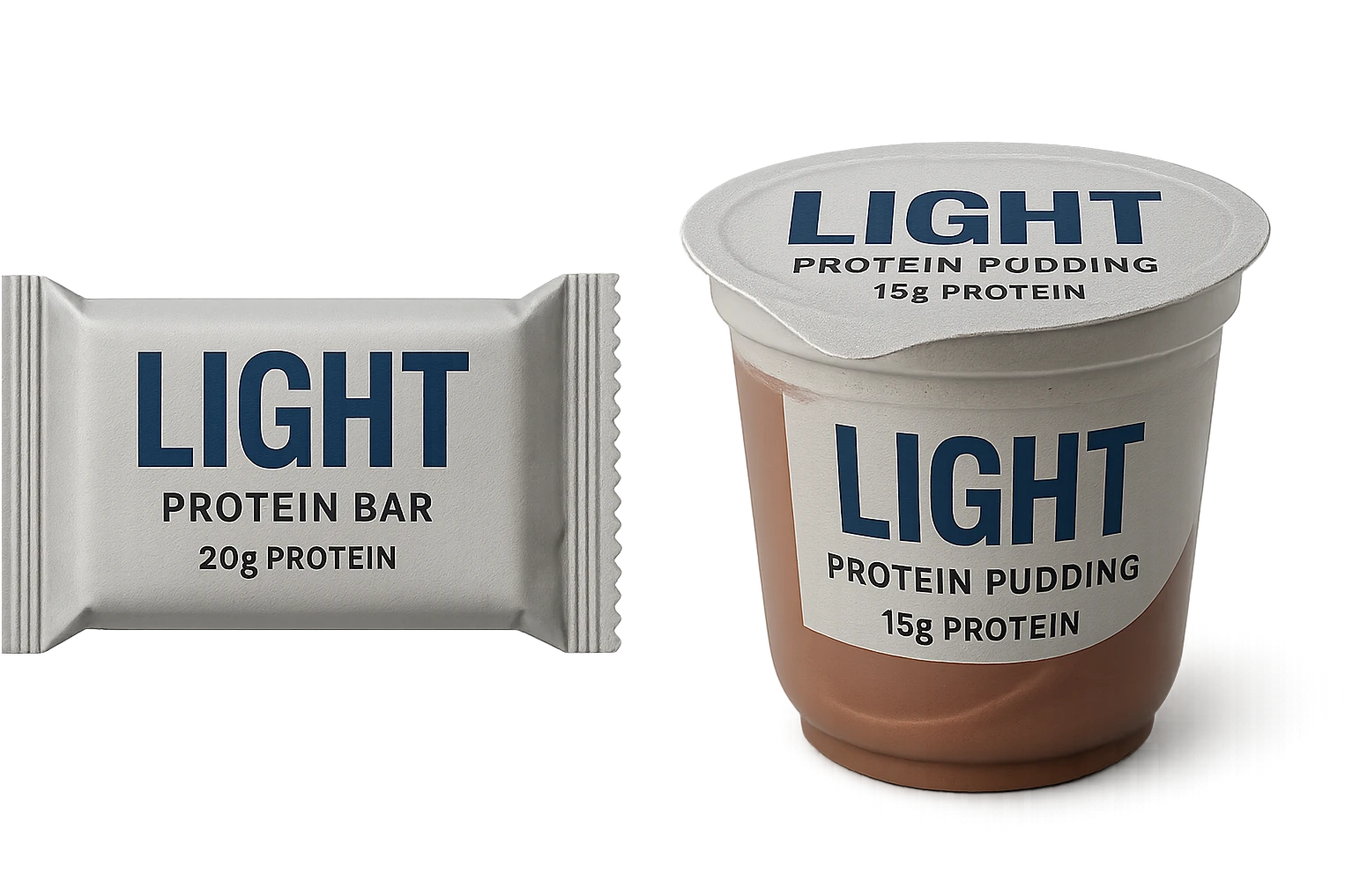 BARRETTA PROTEICA CON LA SCRITTA "LIGHT" SULL'ETICHETTA E BUDINO PROTEICO CON LA SCRITTA "LIGHT" SULL'ETICHETTA, IPERREALISTICA 4K emoji