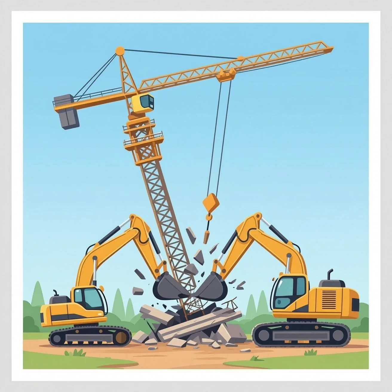 🏗️ Construction Site 🚧 Crane Collapse: Devrilen dev bir vinç ve altında kalan bir iş makinesi. Bulldozer Collision: İki dev buldozerin kafa kafaya çarpışması. emoji