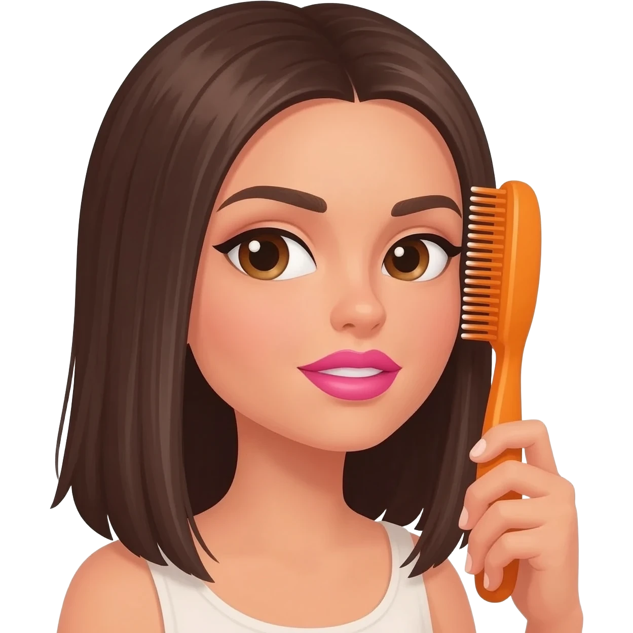 Faça uma mulher usando batom rosa de cabelo liso com uma escova laranja escovando os seus cabelos emoji