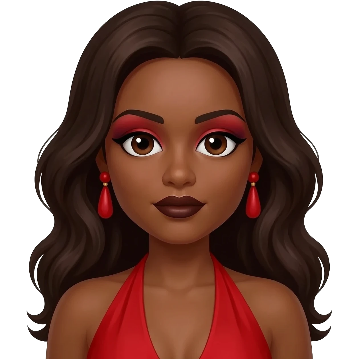 Foxy Brown from Foxy Brown (1974) with dark brown eyes, long dark brown hair, red eyeshadow, dark brown lipstick, red halter dress, red earrings emoji