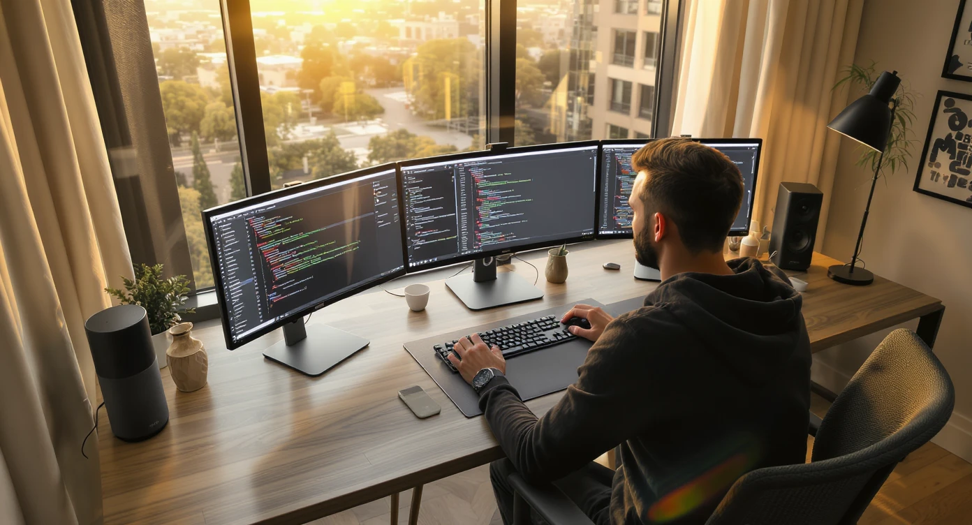Cinematic shot of a programmer programming on tripple display setup PC, top dutch angle, Warm bright vibe, modern clean expensive minimalistic apartament, model is dress like designer, morning, big window, captured on arri alexa emoji