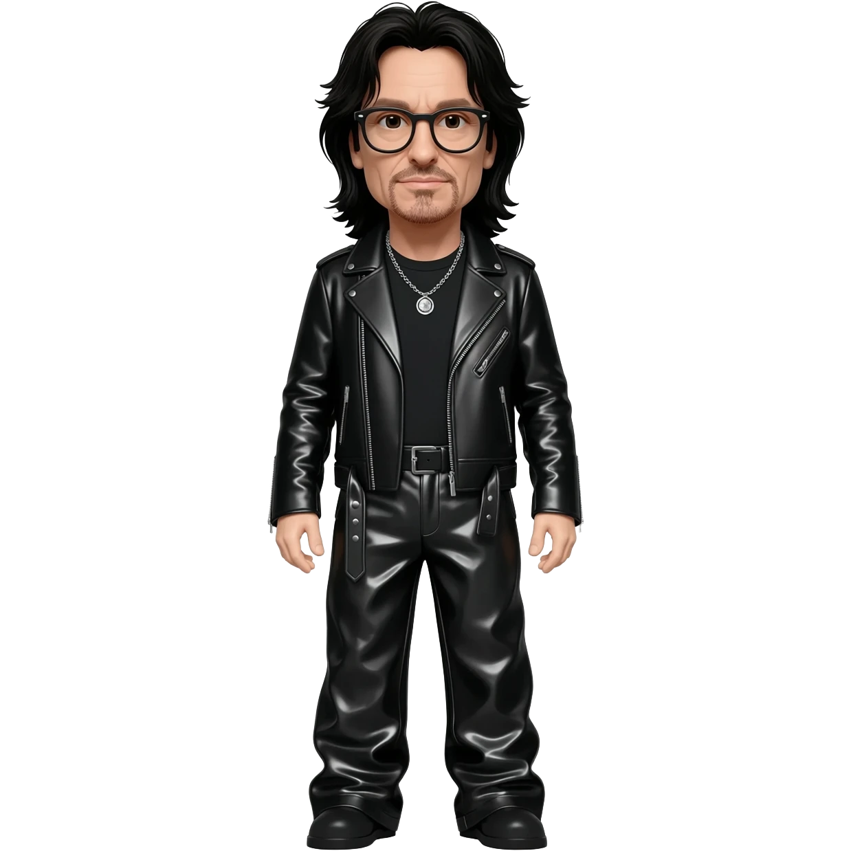 Bono with long black hair, black shirt, black metallic jacket, black metallic baggy pants, sliver necklace, black glasses emoji