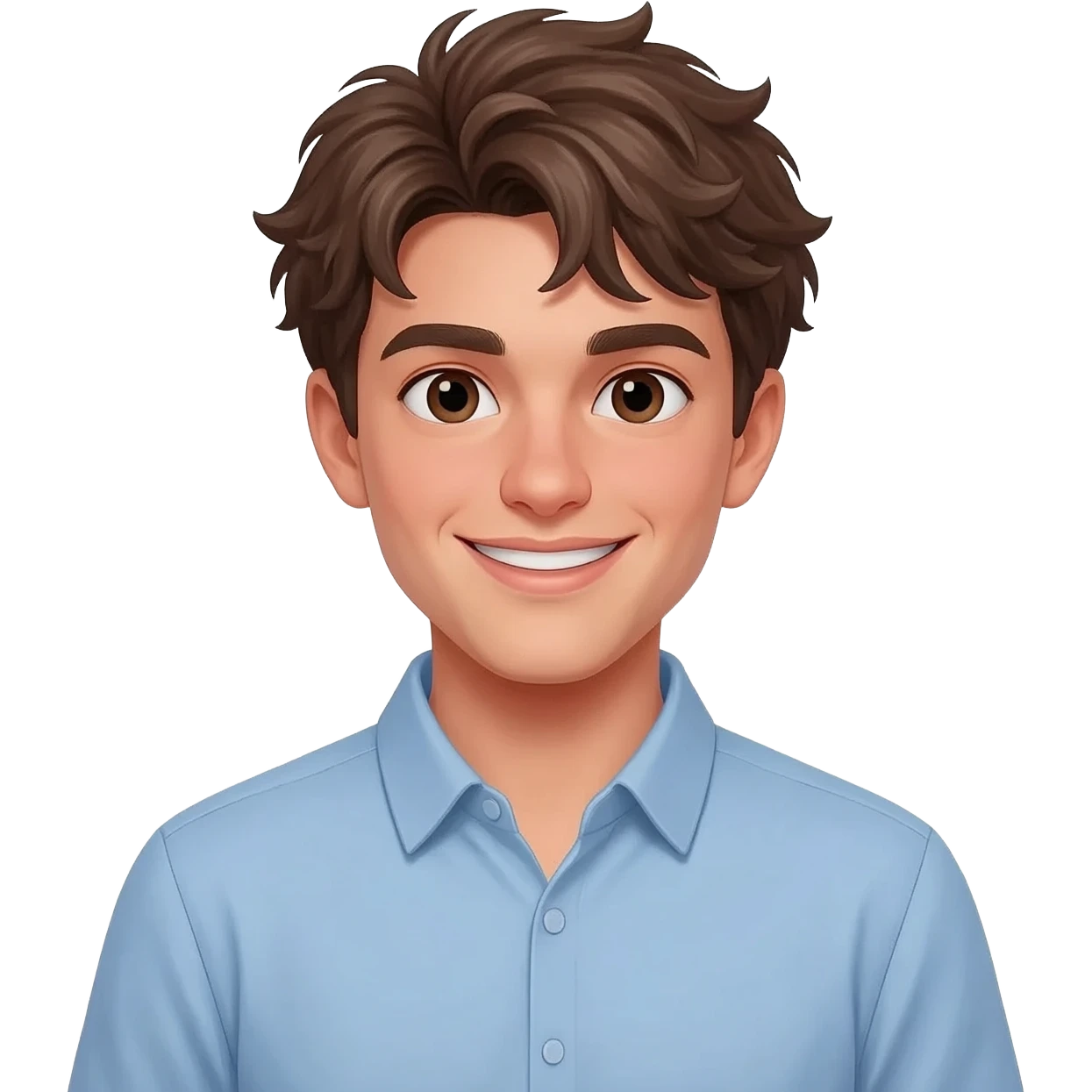 create an emoji of a teenage man, very very slightly tanned face, smile. he has an cool look, very messy brown hair, dark brown eyes, natural lips. he wears a short sleeve light blue emoji