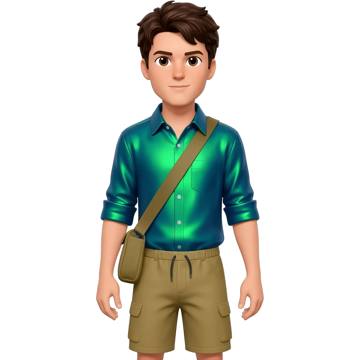 Chris Kratt with brown eyes, dark brown hair, green blue metallic shirt, khaki metallic baggy shorts emoji