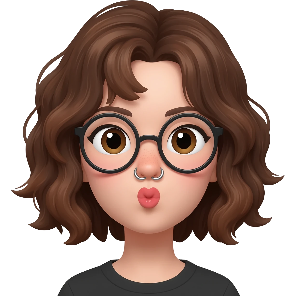 A cute brunette girl with big glasses, a nose ring blowing a kiss emoji