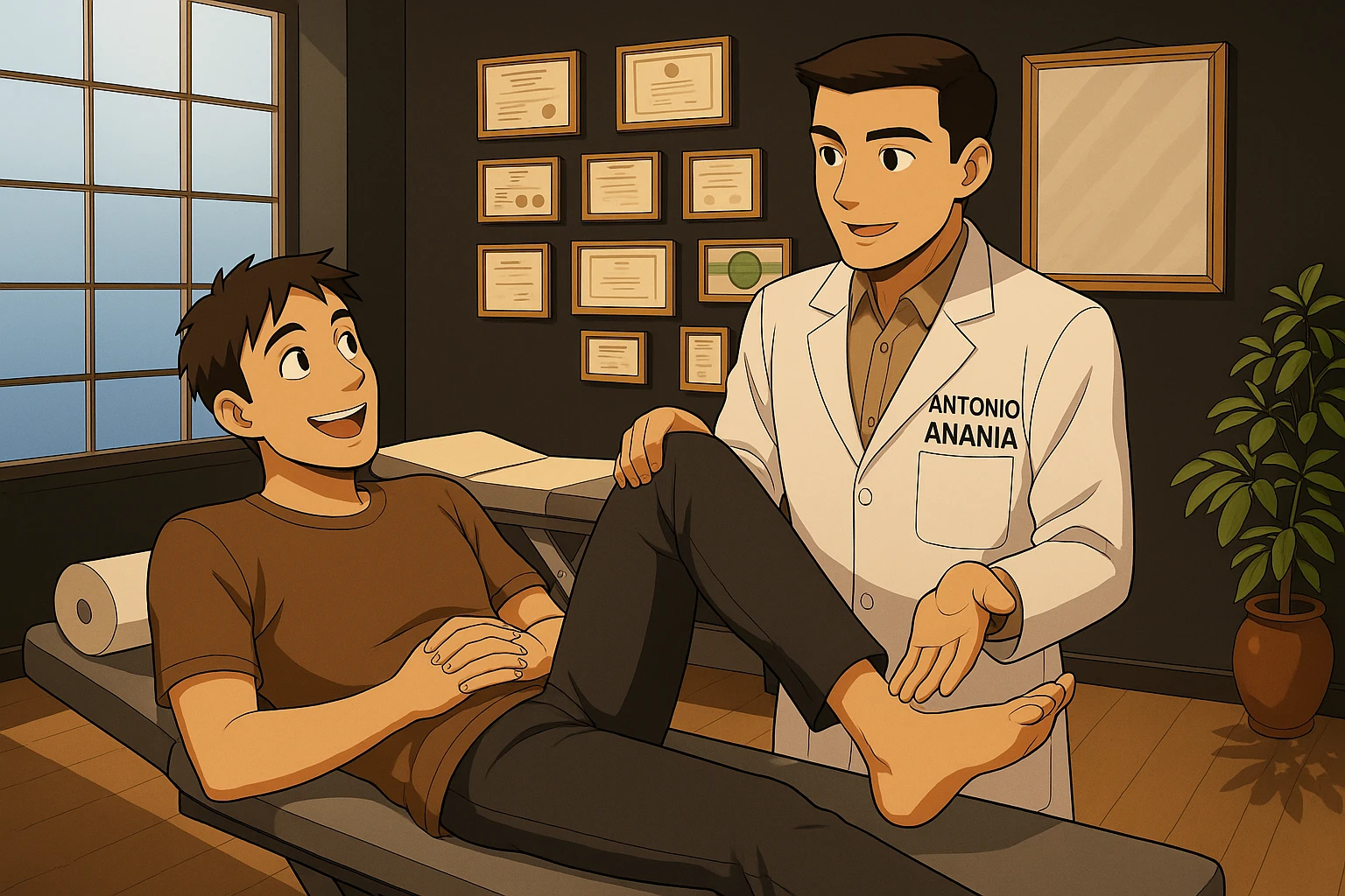 su questo lettino rappresenta un webtoon manga a colori con questo stile, in cui un uomo è steso sul lettino medico e il kinesiologo con il camice bianco (fagli anche la scritta "ANTONIO ANANIA" SUL CAMICE, gli solleva una gamba per fargli il test neuromuscolare, IL KINESIOLOGO SPIEGA ALL'UOMO UNA cosa mentre gli alza la gamba. l'espressione dell'uomo è felice e soddisfatta, non fare i fumetti però, fai solo in modo che sembri stiano parlando emoji