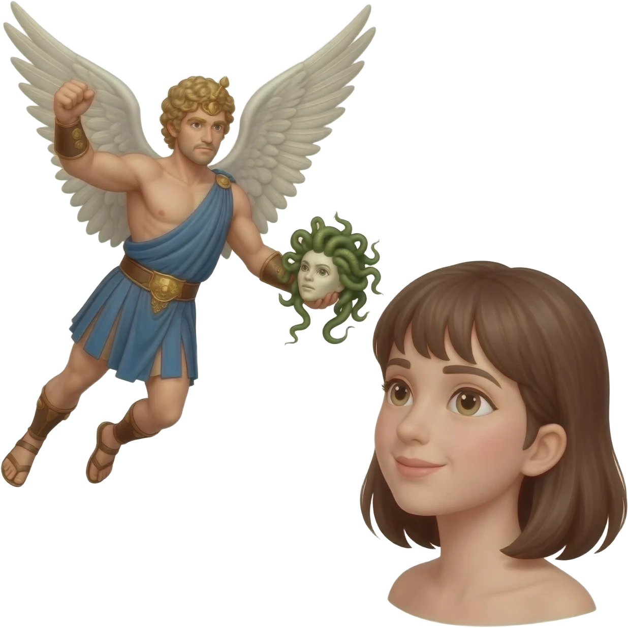Perseus was winging his way back to Greece with the head of Medusa and spotted the girl (she has brown hair) emoji