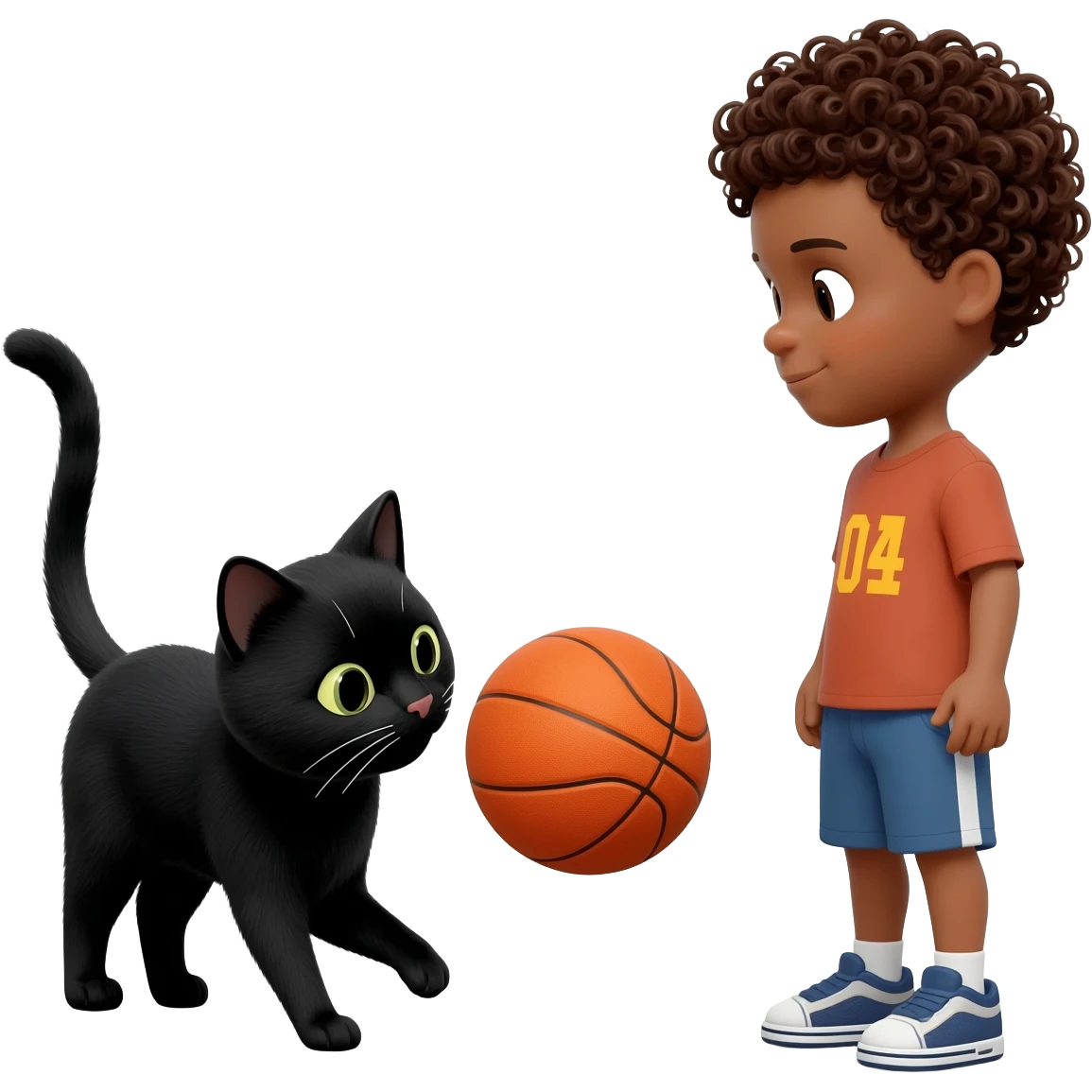 Black cat playing with orange basketball and a little boy with curly hair emoji