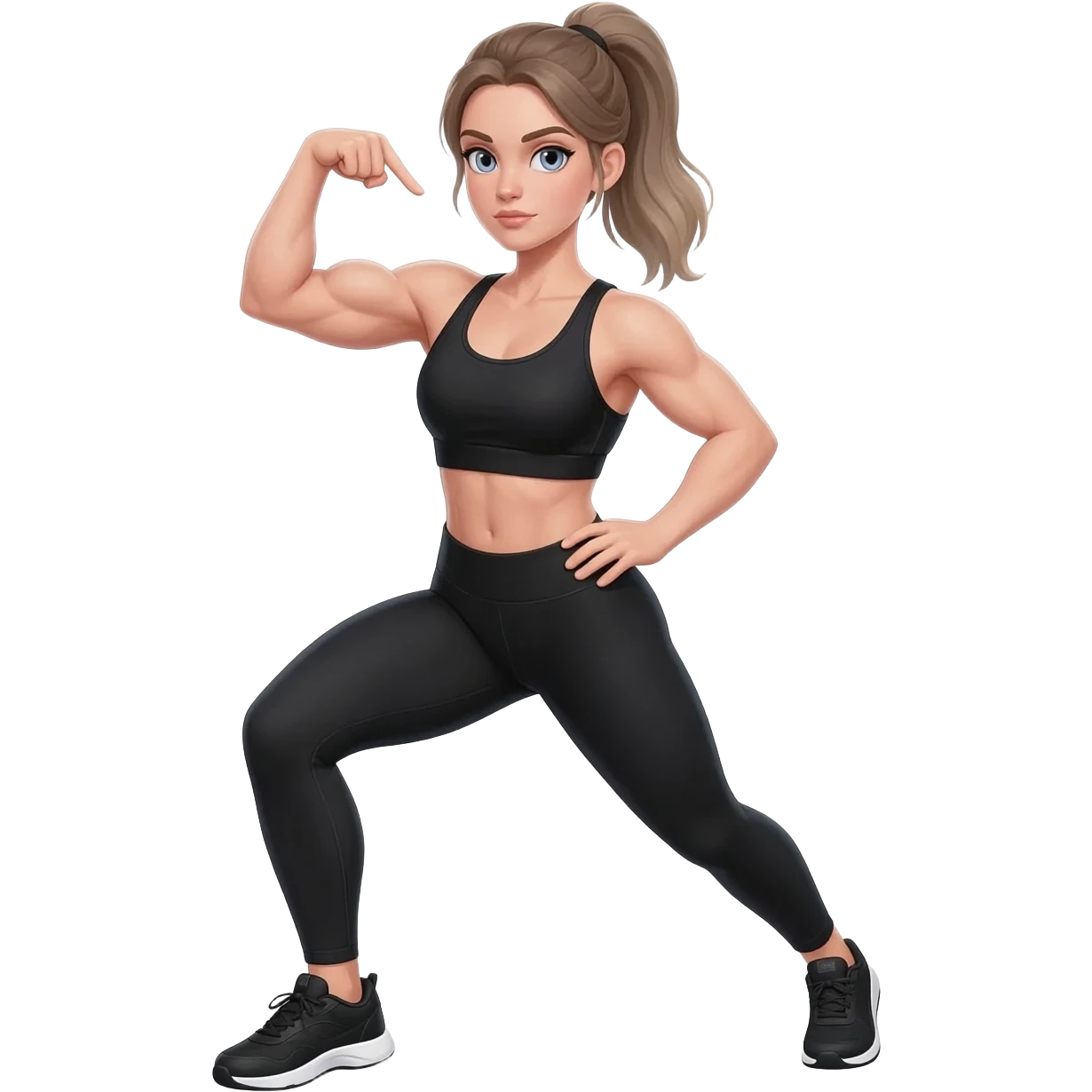 athletic ready pose pointing to arm muscles, fair-skinned woman, gray-blue eyes, ash brown brows, ash light brown hair tied back, slim athletic body, black workout set, black sneakers with white soles emoji