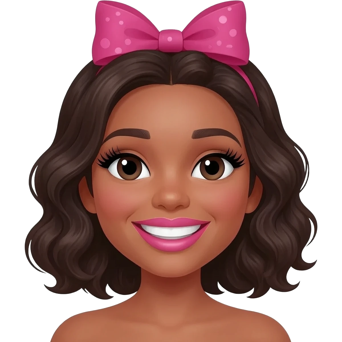 Smiling emoji with a bow on head and diva nails and long eyelashes and pink lips emoji