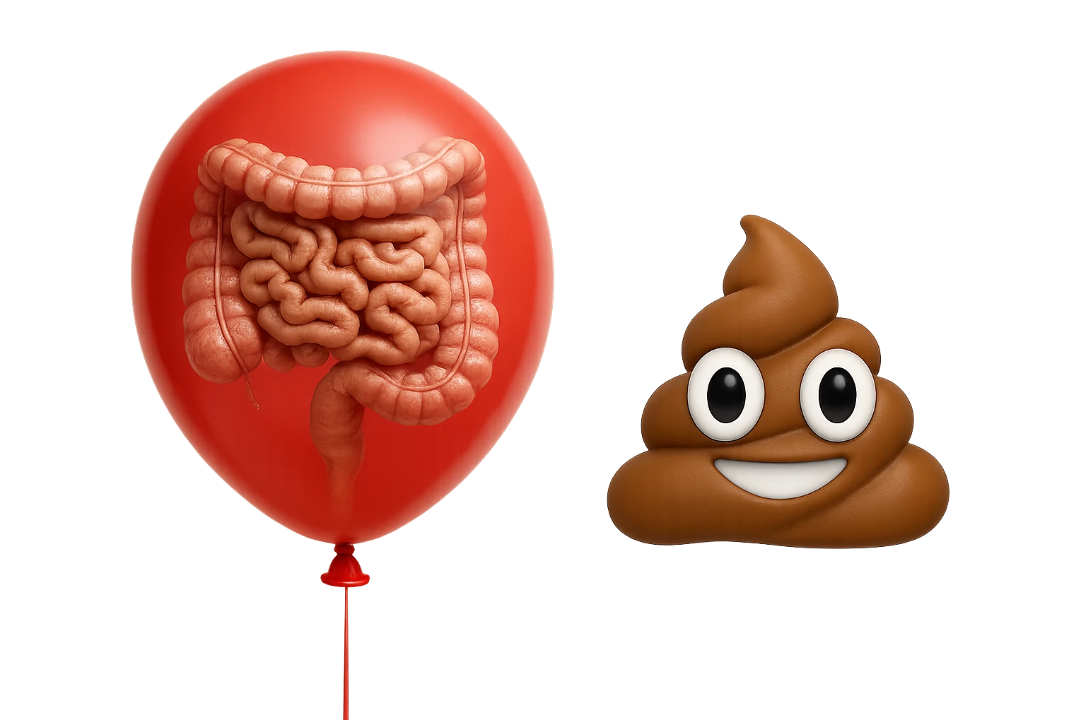 intestino umano anatomico chiuso in un palloncino rosso che simboleggia gonfiore, accanto un simbolo di cacca stile emoji iphoneche simboleggia "diarrea", iperrealistico 4k emoji