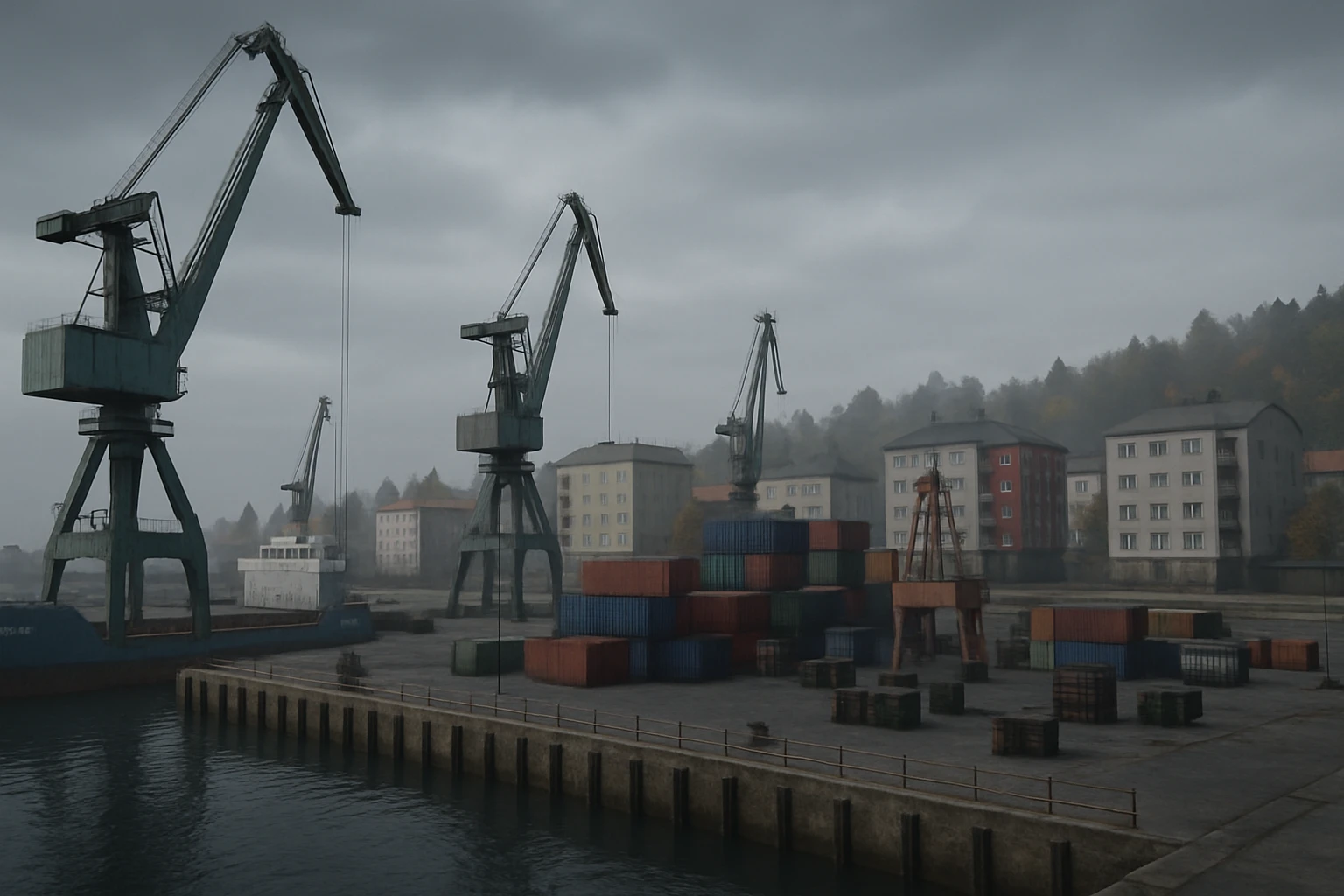 a screenshot of the game DayZ videogame, the harbor in a Scandinavian port town, industrial harbor at apartment blocks emoji