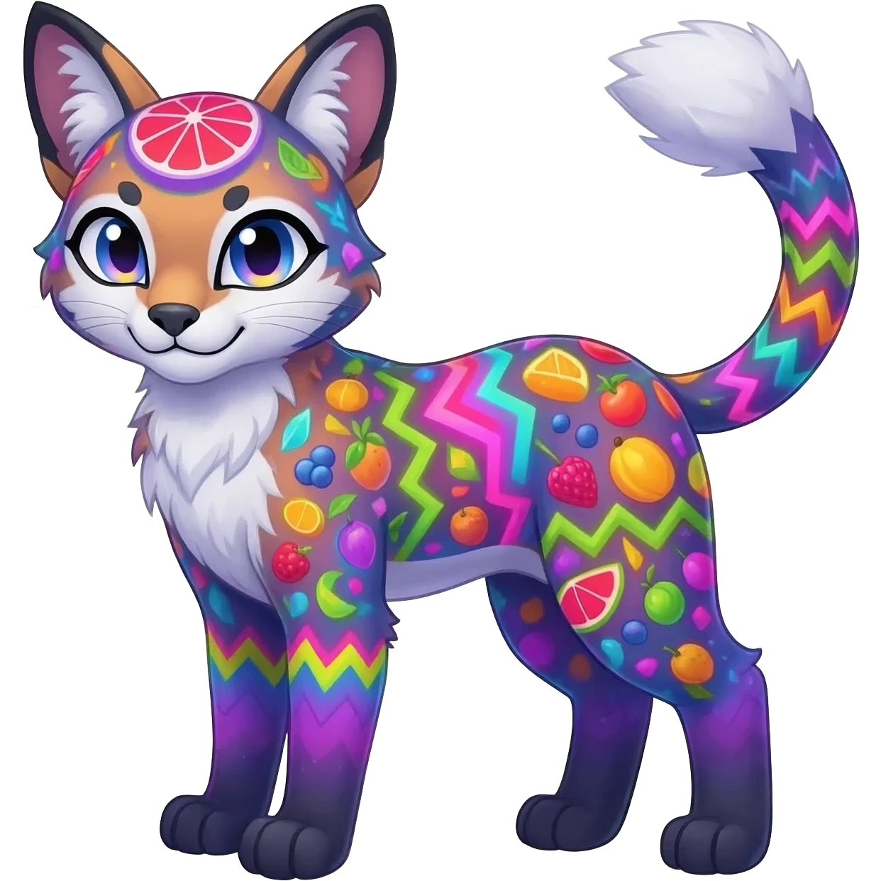 Realistic Colorful pale nebula gradients-colored randomly-colored fruity glorious exotic neon vibrant zigzagged fantasy-caracal-civet-genet-sergal-vernid-Gryphon-Cacomistle-Trico-oncilla-animal-Fakémon-hybrid-fursona (full body), facial markings, (realism style) emoji