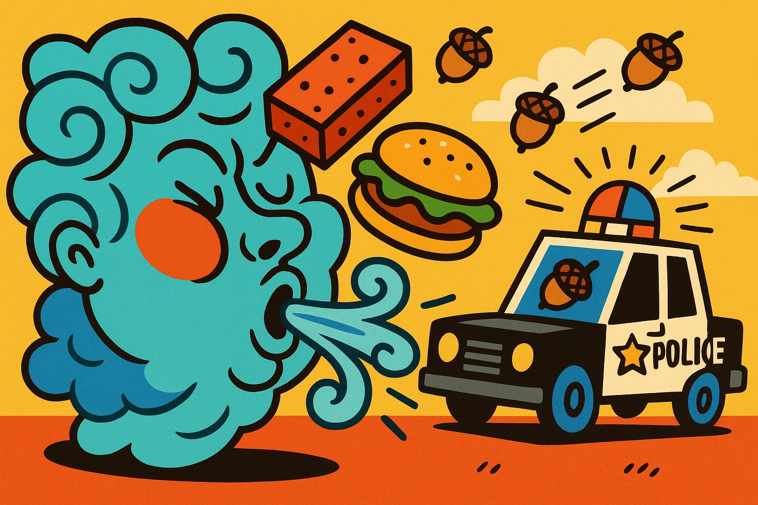 whimsical wind face getting hit by a brick, a burger thrown at it, and a police car in the background with acorns being thrown at the car, cartoon style emoji
