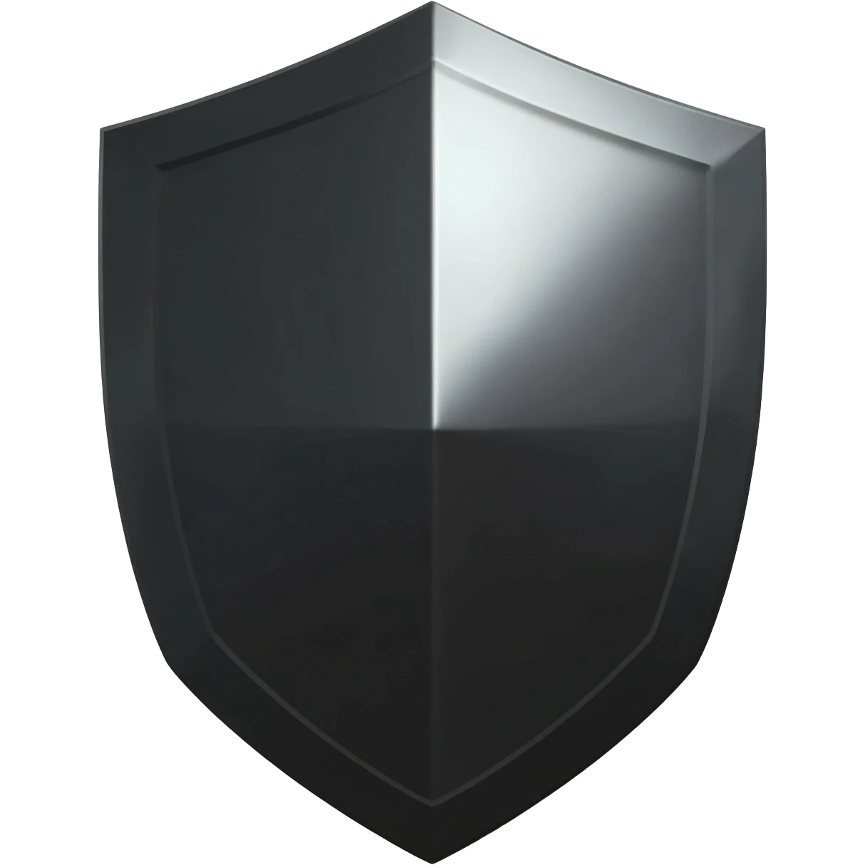 Minimalist 3D emoji based on: a stylized, geometric shield made of heavy, matte black steel with polished chrome facets. Sharp, severe edges. Studio lighting, pure white background. emoji