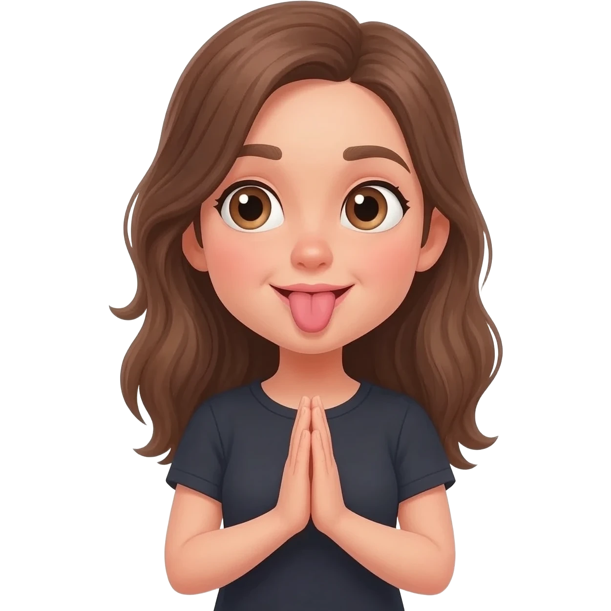 give me a girl that is stiking her tongue out and putting her hands up together like shes praying and put the hands above her belly and make her head tillt a little to the side and look up at me emoji