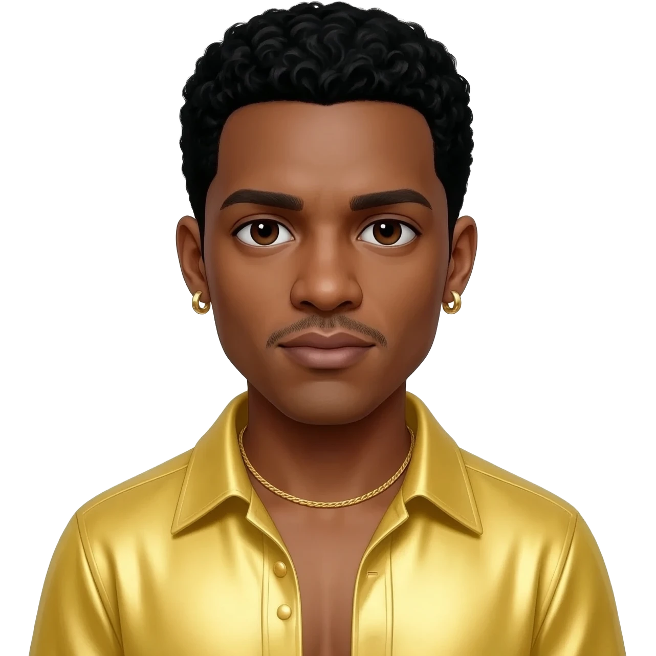Usher with dark brown eyes, black hair, butter yellow metallic shirt, gold necklace and short earrings emoji