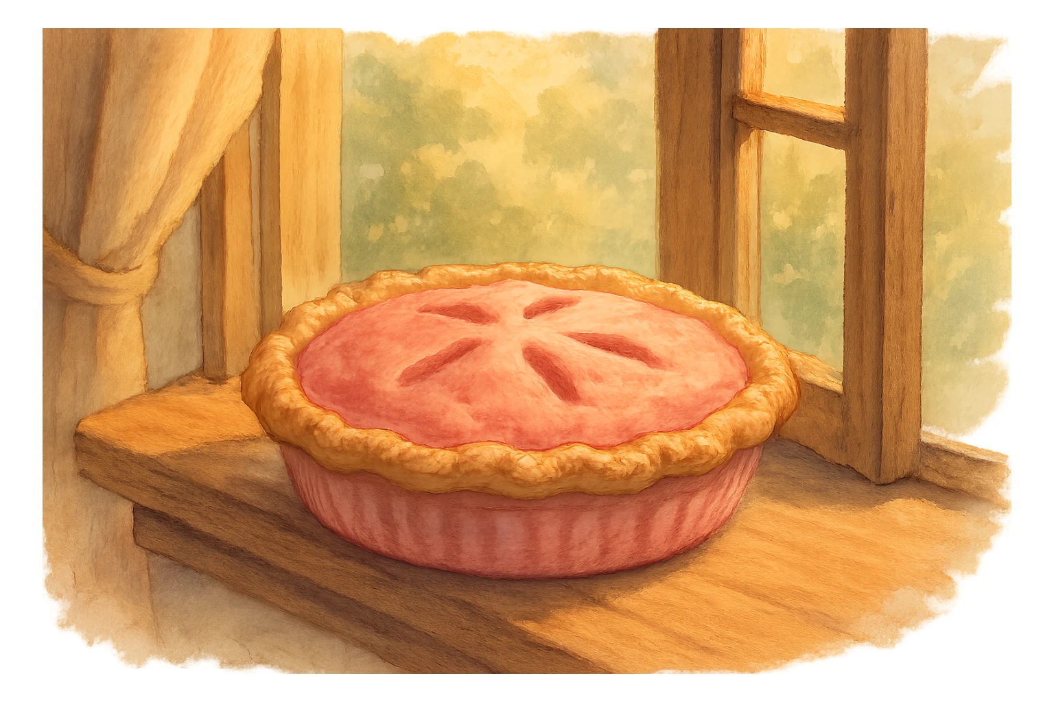 pink cozy pie cooling on a windowsill, homey sticker