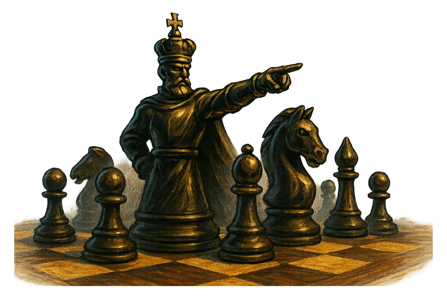 В cлегка рисованной, но при этом объемной, яркой и фотореалистичный стилистике сгенерируй картинку где по центру стоит шахматный король сделанный из качественного чёрного золота, он указывает пальцем в даль как военноначальник, а рядом фигуры пешек, конь, ладья, слон идут в атаку, на полу виднеется шахматная доска, фон позади фигур прозрачный фон sticker