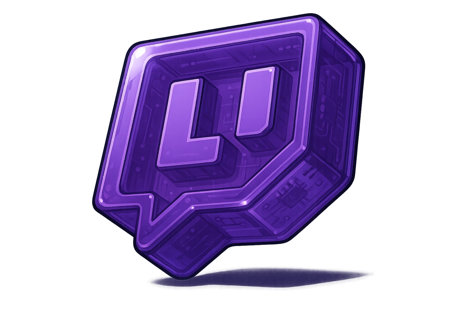 Create a plump glossy Twitch logo with a transparent background, sharp contour, expressive shadows and highlights, similar to the provided example. sticker