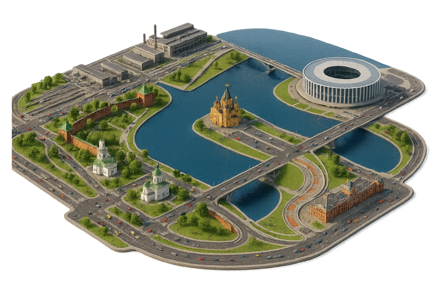 Изометричная чёткая миниатюрная фотореалистичная 3D модель панорамы Нижнего Новгорода - Нижегородский Кремль, Стрелка между Окой и Волгой, стадион Нижний Новгород, ГАЗ, Чкаловская лестница, Борский Мост через Волгу, Нижегородская ярмарка, автотранспорт, четкие линии, яркие цвета, люди, компактная композиция, вид сверху в изометрии, прозрачный фон sticker