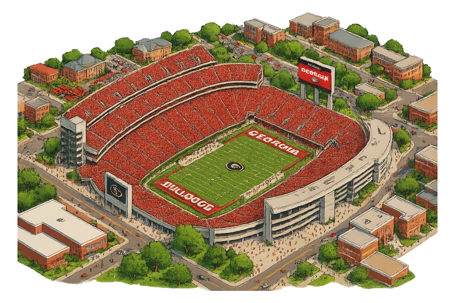 Изометричная, яркая, детализированная и фотореалистичная иллюстрация стадиона Sanford Stadium в стиле 3D-коллажей городов, насыщенные цвета, аккуратные и чёткие линии, мультяшно-реалистичная стилистика. Чёткие контуры, не размазанные линии, высокое качество, прозрачный фон, не обрезать края стадиона. sticker