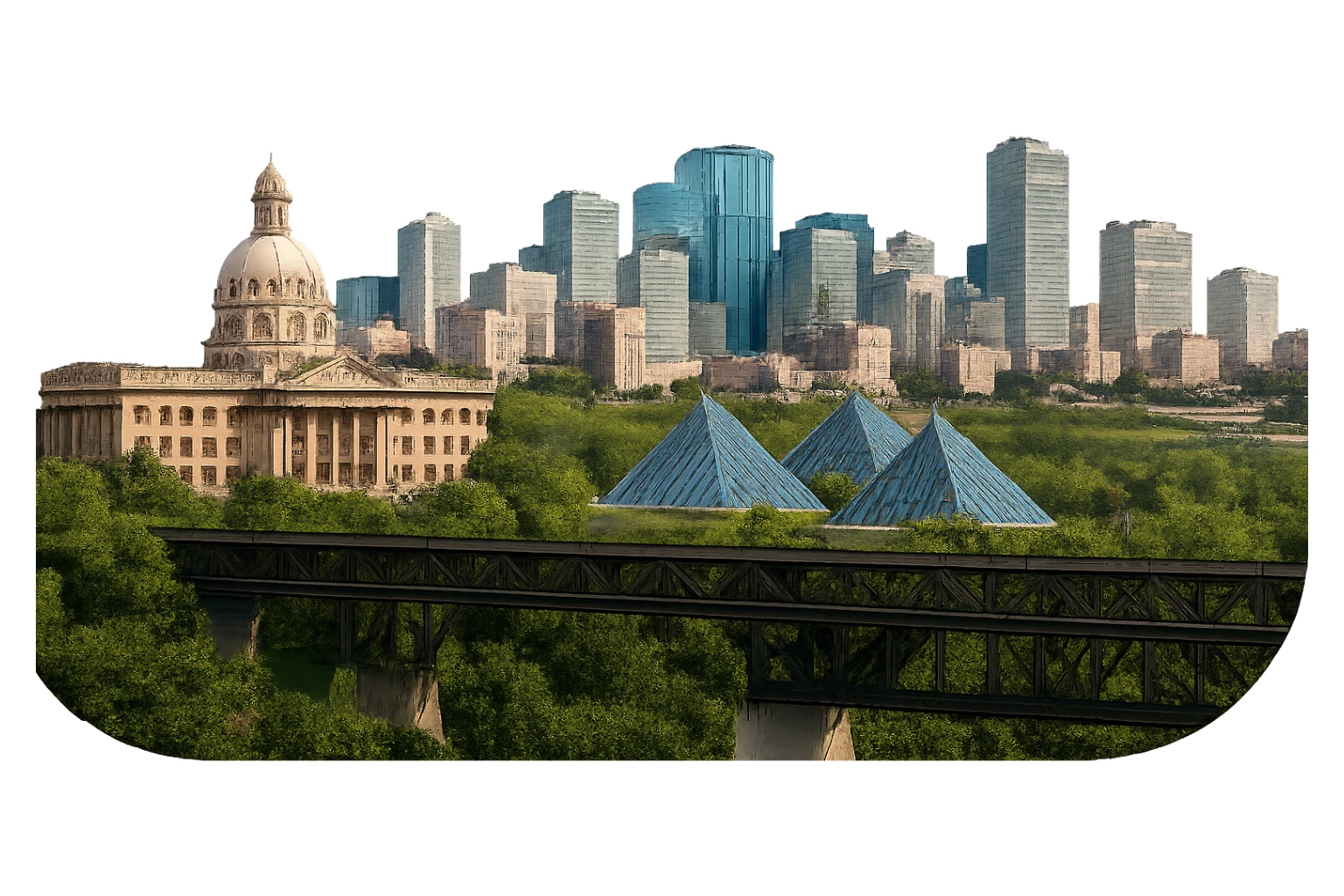 Remove the sky and clouds from the previous Edmonton emoji, keeping everything else exactly the same: the skyline with the Alberta Legislature Building, Muttart Conservatory, High Level Bridge, lifelike detail, accurate colors, bright lighting, wide city view. Maintain a fully transparent background and do not change anything else. sticker