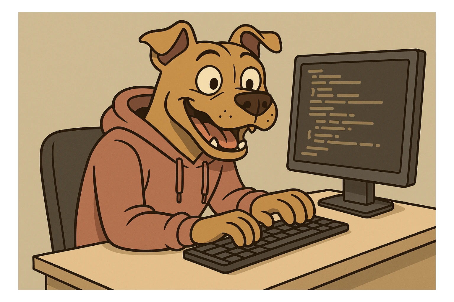 pit-bull character, hoodie, at a desk, typing programming code, energetic sticker