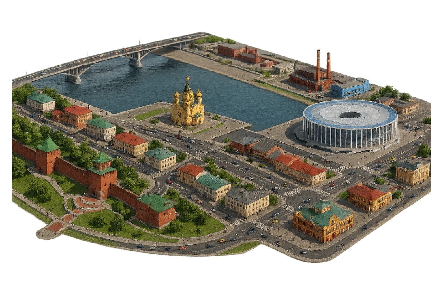Изометричная миниатюрная фотореалистичная 3D модель панорамы Нижнего Новгорода - Нижегородский Кремль, Стрелка между Окой и Волгой, стадион Нижний Новгород, ГАЗ, Чкаловская лестница, Борский Мост через Волгу, Нижегородская ярмарка, нижегородские дома, автотранспорт четкие линии, яркие цвета, люди, компактная композиция, вид сверху в изометрии, прозрачный фон sticker